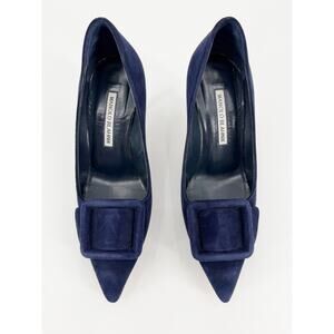 Manolo Blahnik Maysale Navy Suede Pointed Buckle Pump Heels Shoes 36 6 Mid